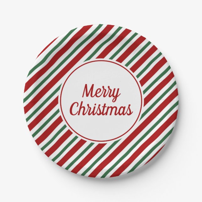 Feierliche Rote Streifen Frohe Weihnachten Pappteller (Vorderseite)