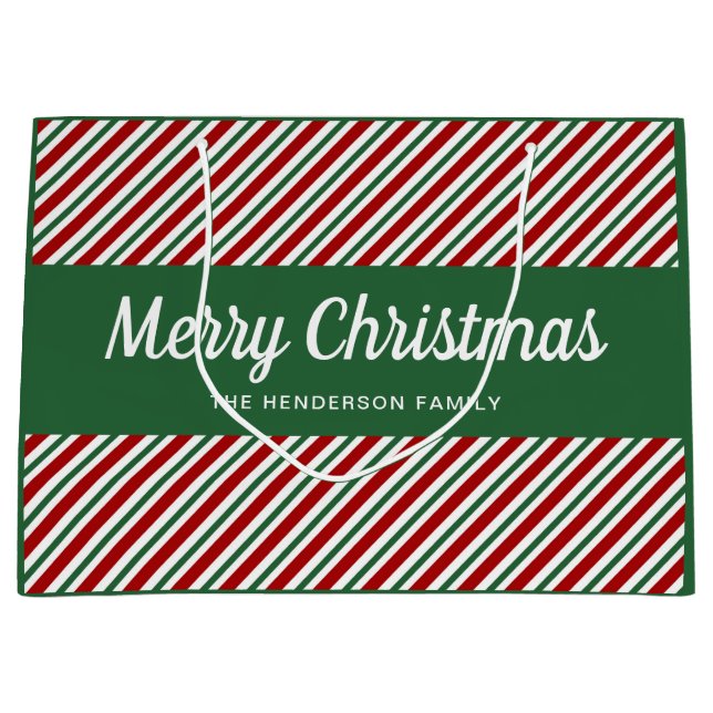 Feierliche rote und grüne Streifen frohe Weihnacht Große Geschenktüte (Vorderseite)