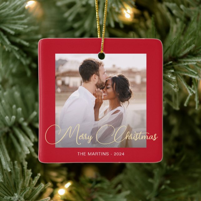 Feierliche Rote Winter Hirsche Foto Weihnachten Keramikornament (Baum)