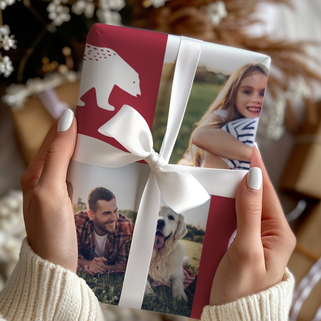 Feierliche Rote Winterbären Fotocollage Weihnachte Geschenkpapier (Von Creator hochgeladen)