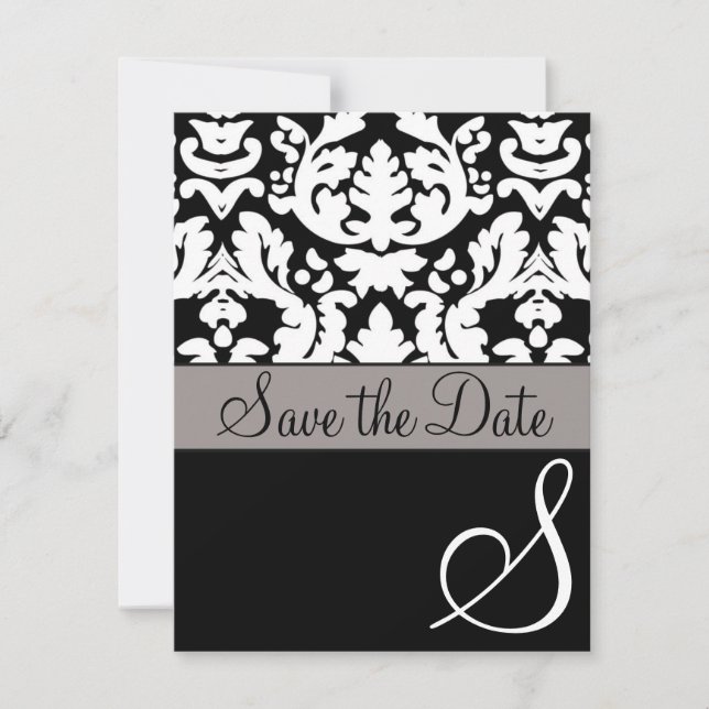 Feierliche Schwarz/Weiß-Damaskus-Hochzeit Save the Date (Vorderseite)