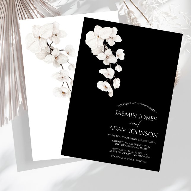 Feierliche Schwarz-Weiß-Orchideenhochzeit Einladung (Modern Black and White Orchids Flowers Wedding Invitation)