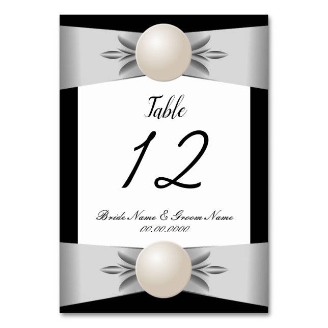 Feierliche Schwarz-Weiß-Pearl-Hochzeit Tischnummer (Vorderseite)