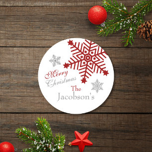 Feierliche Silberrot Frohe Weihnachtsschneeflocken Runder Aufkleber