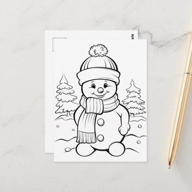 Feierliche Snowman-Kinder färben Postkarte (Vorderseite/Rückseite Beispiel)