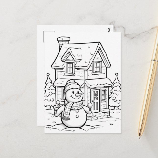 Feierliche Snowman-Kinder-Färbung Postkarte (Vorderseite/Rückseite Beispiel)