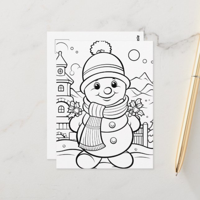 Feierliche Snowman-Kinder-Färbung Postkarte (Vorderseite/Rückseite Beispiel)
