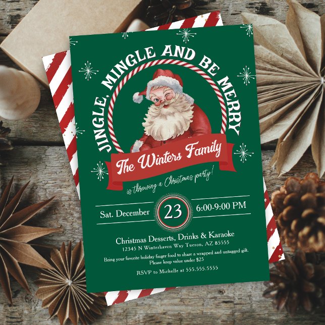 Feierliche Vintage Weihnachtsfeier und Weihnachten Einladung (festive Christmas party invitation for cocktail dinner party with santa candy cane and green)