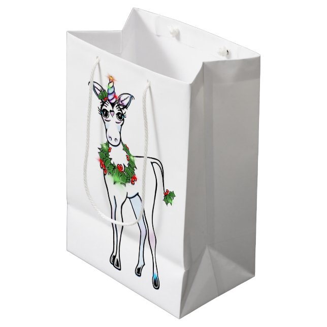 Feierliche Weihnachten bunt Einhorn zeichnend Mittlere Geschenktüte (Vorderseite Schrägansicht)