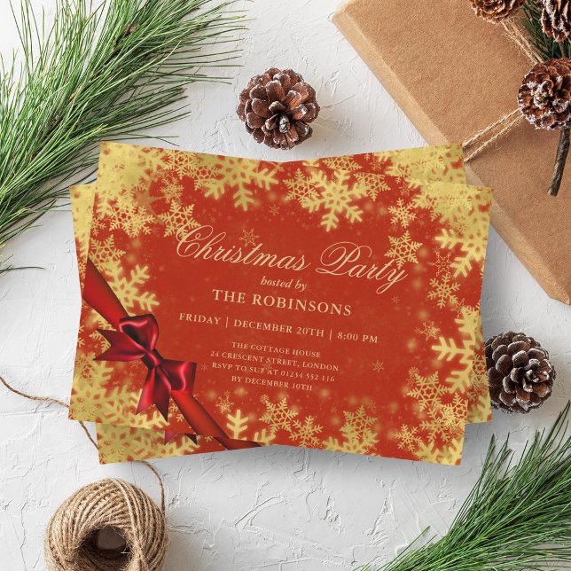 Feierliche Weihnachten Gold & Rotes Band Einladung (Festive Holiday Christmas Gold & Red Ribbon Invitation)