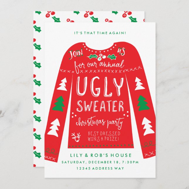 Feierliche Weihnachtsfeiertage im Ugly Sweater Einladung (Vorne/Hinten)