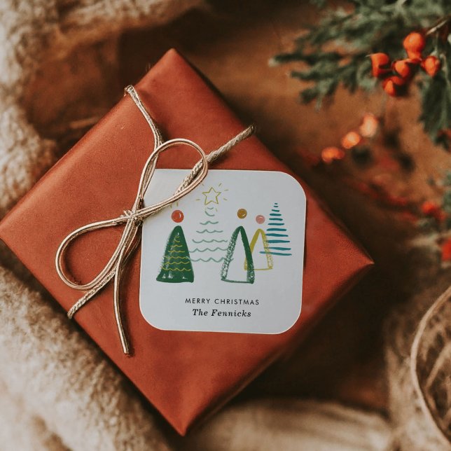 Feierliche Weihnachtsfeiertage im Wasser Quadratischer Aufkleber (Classic Festive Colors Simple Modern Watercolor Christmas Trees Holiday Stickers)