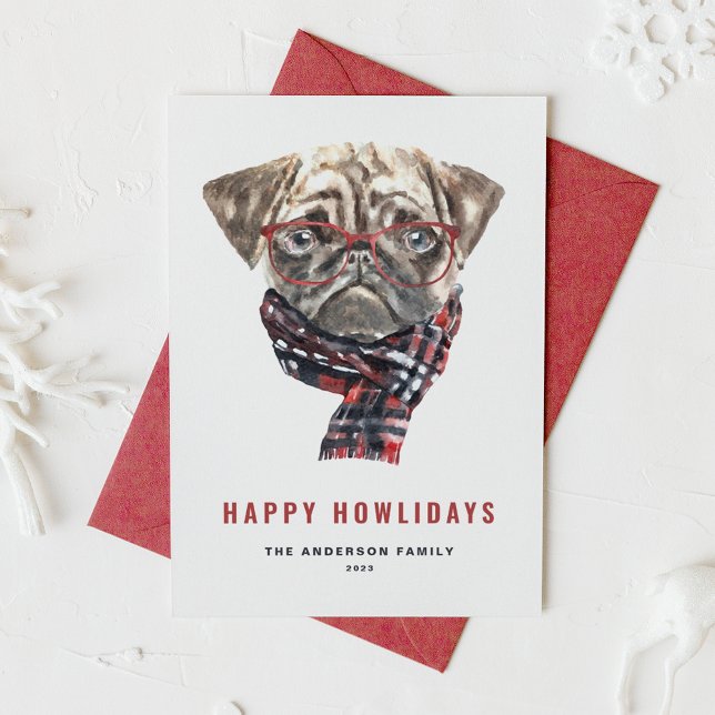 Feierliche Weihnachtsfeiertage Mops Happy Howliday Feiertagspostkarte (Von Creator hochgeladen)