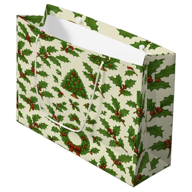 Feierliche Wiederholung Weihnachtsmuster Holly & W Große Geschenktüte (Vorderseite Schrägansicht)