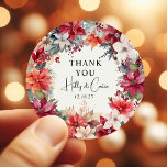 Feierliche Winter Florals Weihnachtsfeier Runder Aufkleber<br><div class="desc">Elegant danke Ihnen Hochzeitsticker mit Winterfloralen - Poinsettias,  in reichen Farbtönen von Rot,  Bordeaux,  Cremes und Elfenbein,  festliche Beeren und üppige Vegetation. Der gesamte Text ist leicht zu verändern.</div>