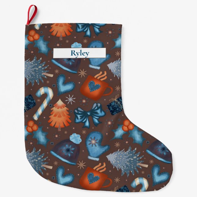 Feierliche Winterferien Muster Brown Blue Orange Großer Weihnachtsstrumpf (Vorderseite)