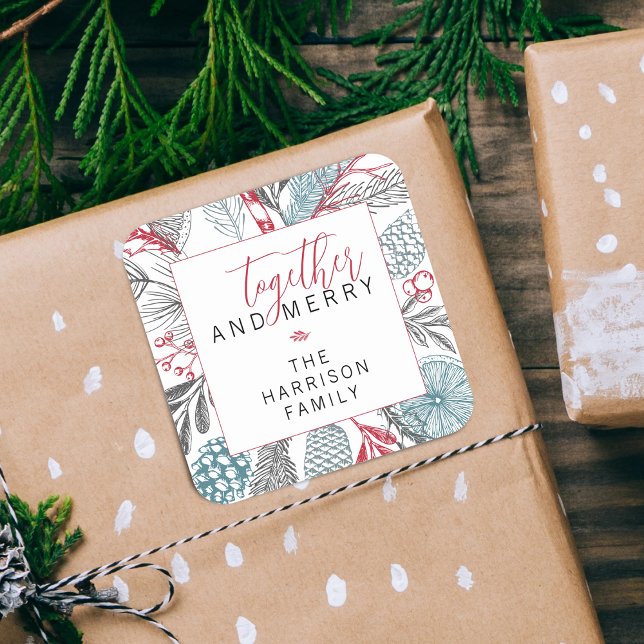 Feierliche Winterlandschaft Quadratischer Aufkleber (Festive Winter Greenery Holiday Square Sticker)