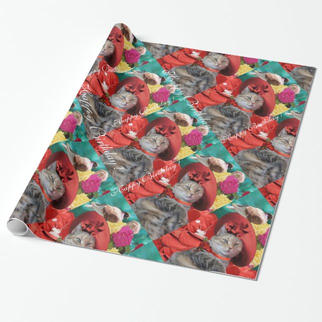 FEIERLICHER CAT-PRINZESTATUS, ROTER HAT MIT SCHWEI GESCHENKPAPIER (Ungerollt)
