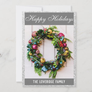 Feierlicher Happy Holidays Wreath Gray Silver Glit Feiertagskarte