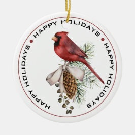 Feierlicher Roter Kardinal mit Pine Cone Happy Hol Keramik Ornament
