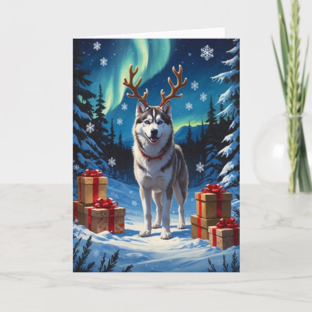 Feierlicher sibirischer Husky mit Geschenken Ölgem Karte (Vorderseite)