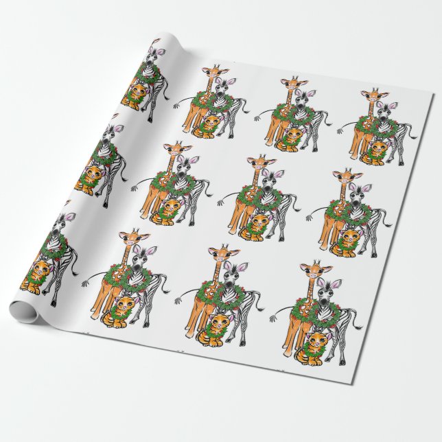 Feierlicher Urlaub Giraffe, Zebra, Tiger Geschenkpapier (Ungerollt)