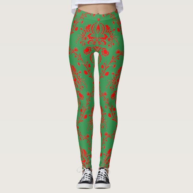 Feierlicher Urlaub Grün und Rot Damaskus Leggings (Vorderseite)