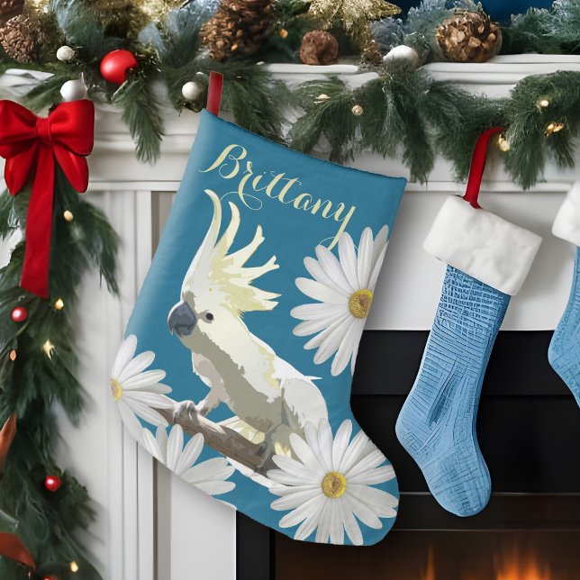 Feierliches Cockatoo mit düsteren Blume Lebhafter  Großer Weihnachtsstrumpf (Festive Cockatoo personalized Christmas stocking with cheerful daisies for a bird lover's holiday!)