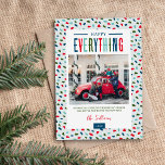 Feierliches Glück Alles 4 Foto Feiertagskarte<br><div class="desc">Moderne, individuell bedruckte Weihnachtskarten mit einer einfachen DIY-Vorlage zum Anpassen. Dieses festliche Design zeichnet sich durch farbenfrohe Typografie und einen niedlichen abstrakten Punktehintergrund in Blau, Rot, Grün und Aqua-Farben aus. Fügen Sie Ihre Fotos, persönliche Begrüßung, Namen und das Jahr. Verwenden Sie die Entwurfswerkzeuge, um die Schriftart und Farben zu bearbeiten....</div>