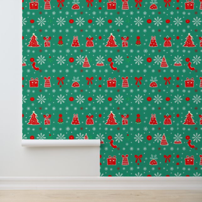 Feierliches Grün und Rotes Weihnachtsmuster Tapete (Anwendung)