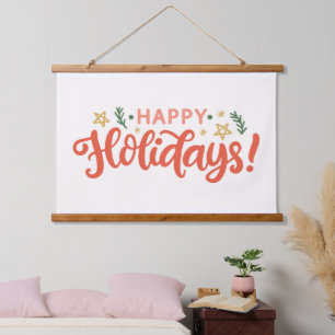 Feierliches Happy Holidays Design Wandteppich Mit Holzrahmen
