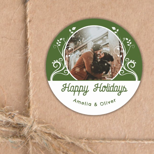 Feierliches Happy Holidays Foliage Green Couple Fo Runder Aufkleber (Von Creator hochgeladen)