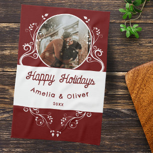 Feierliches Happy Holidays Foliage Red Couple Foto Geschirrtuch