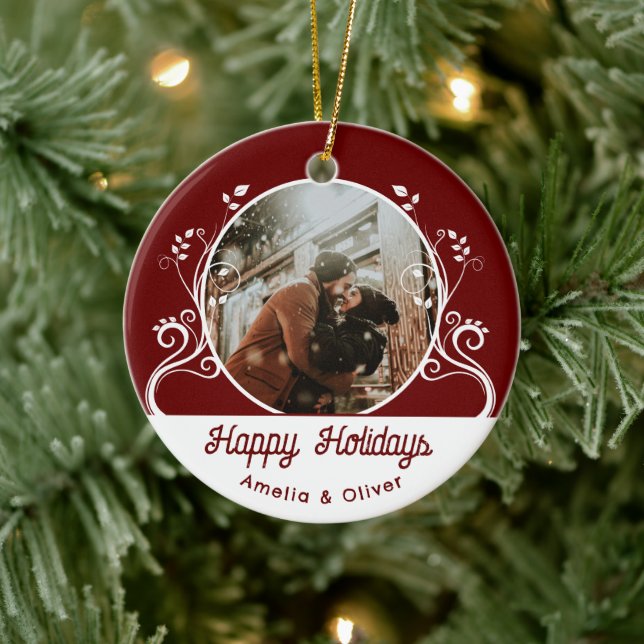 Feierliches Happy Holidays Foliage Red Couple Foto Keramik Ornament (Baum)