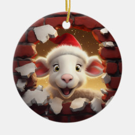 Feierliches Lamm in Weihnachtsmannmütze - 3D Keramik Ornament