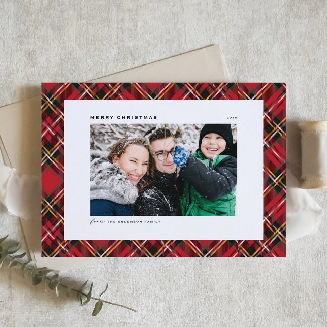 Feierliches Rotes Kariertes Muster Frohe Weihnacht (Festive Red Tartan Plaid Pattern Merry Christmas Photo Holiday Card)