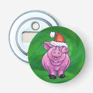 Feierliches Schwein in Weihnachtsmannmütze auf Grü Flaschenöffner