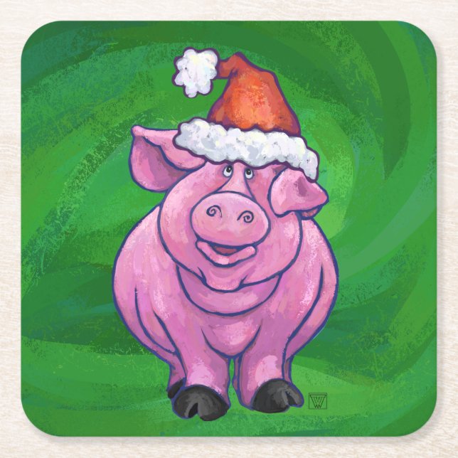 Feierliches Schwein in Weihnachtsmannmütze auf Grü Rechteckiger Pappuntersetzer (Vorderseite)