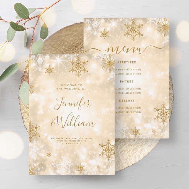 Feierliches Sparkle Gold Winter Wedding Menü Einladung (Festive Sparkle Gold Winter Wedding Menu Invitation)