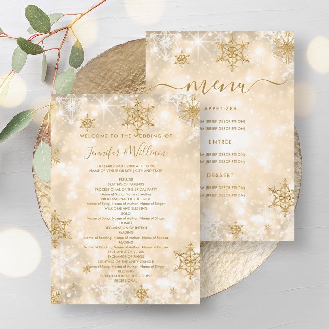 Feierliches Sparkle Gold Winter Wedding Menü Progr Einladung (Festive Sparkle Gold Winter Wedding Menu Program)