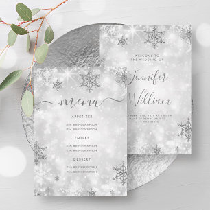 Feierliches Sparkle Silver Winter Wedding Menü Einladung