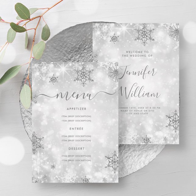Feierliches Sparkle Silver Winter Wedding Menü Einladung (Festive Sparkle Silver Winter Wedding Menu Invitation)