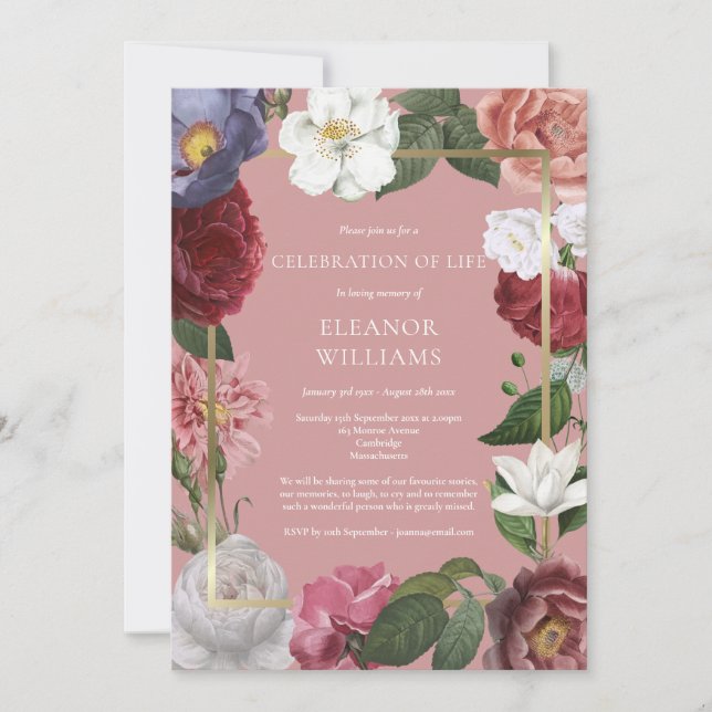 Feierlichkeiten zum Leben Beerdigung Rosa Rose Blu Einladung (Vorderseite)