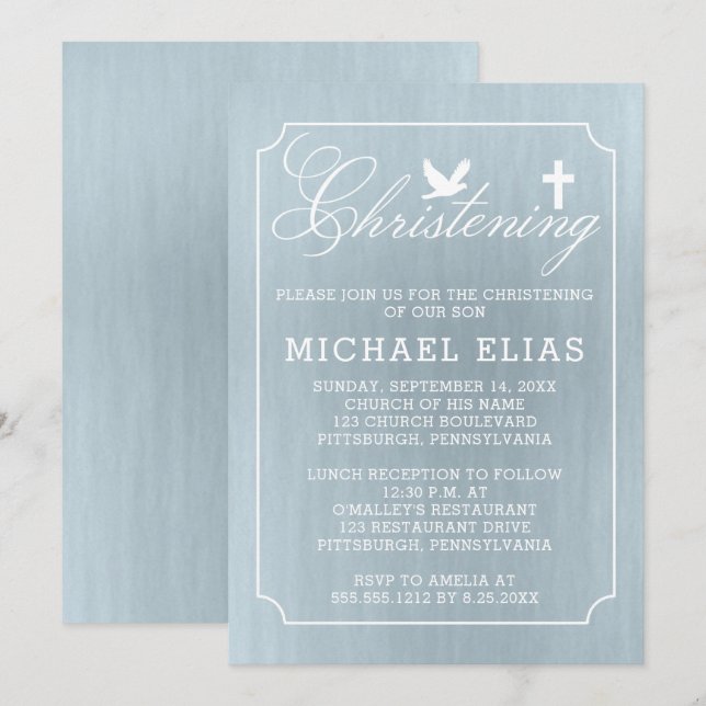 Feiern | Boy Dove and Cross Blue Watercolor Einladung (Vorne/Hinten)