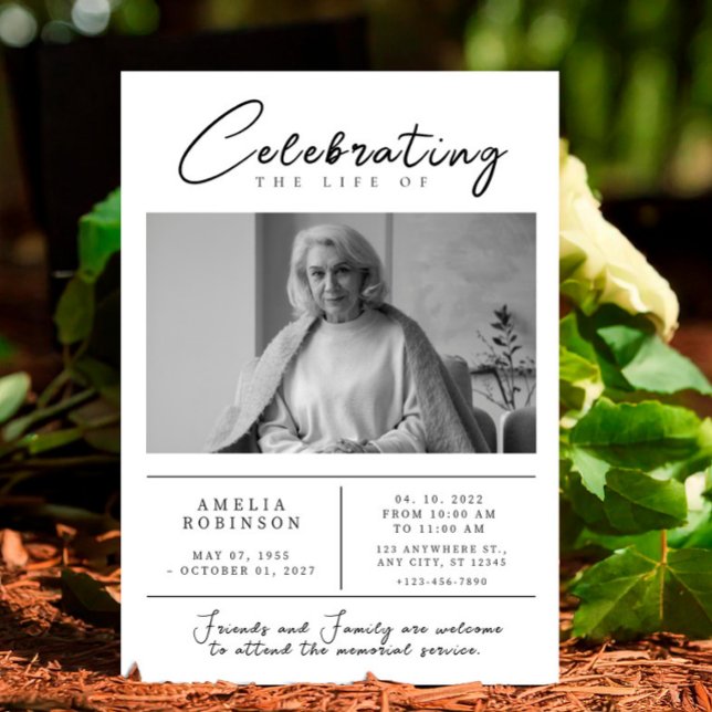 Feiern der Minimalistischen Beerdigung von Leben Einladung (Celebrating of Life Funeral Announcement Memorial Service Invitation Editable Photo)