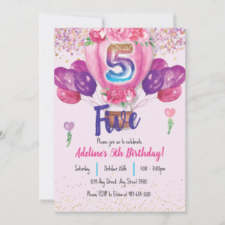 Feiern in Pink: Confetti Ballon 5. Geburtstag Einladung