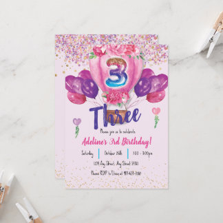 Feiern in Pink: Confetti Balloon 3. Geburtstag Einladung