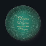 Feiern jedes Jahr Geburtstag Confetti Green Gold 5 Pappteller<br><div class="desc">Mit diesen stilvollen Tellern aus grünem und goldenem Papier fügen Sie eine elegante personalisierte Touch zu den Geburtstagsgeschmücken hinzu. Design verfügt über moderne Skriptkalligraphie-bearbeitbare "Cheers to 50 Years" und Folie Look Konfetti Punkte auf einem waldgrünen Imitat gebürstet Edelstahl Hintergrund. Bitte beachten Sie, dass Gold gedruckt ist, nicht metallische Folie. Diese...</div>