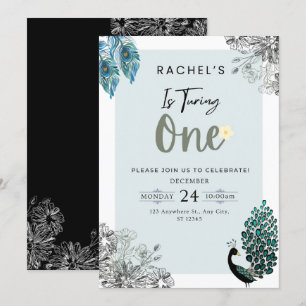 Feiern mit Blume und Pfau zum 1. Geburtstag Einladung