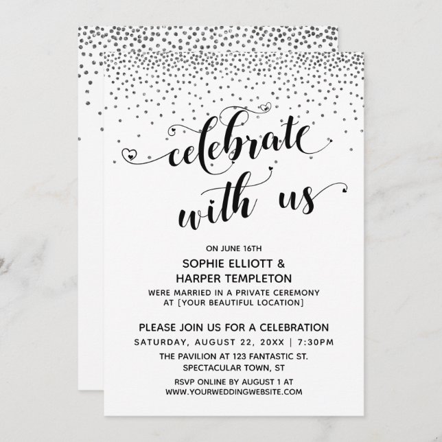 Feiern mit dem US-Herz-Script Silver Confetti Einladung (Vorne/Hinten)